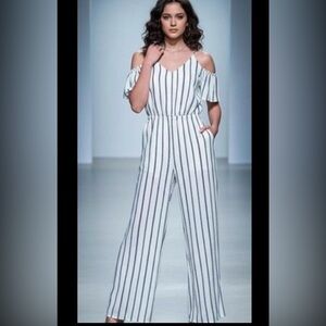 Striped Jumpsuit Womens White Wide Leg Beachy Palazzo Lightweight Cruise Size M